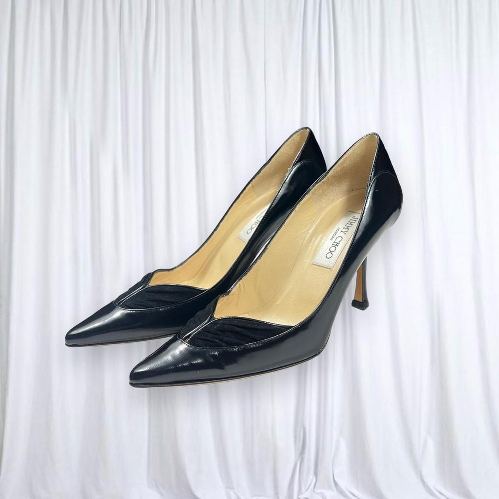 Jimmy Choo Black Patent Leather Velvet Pointed Toe Heels Vintage 90s Y2K